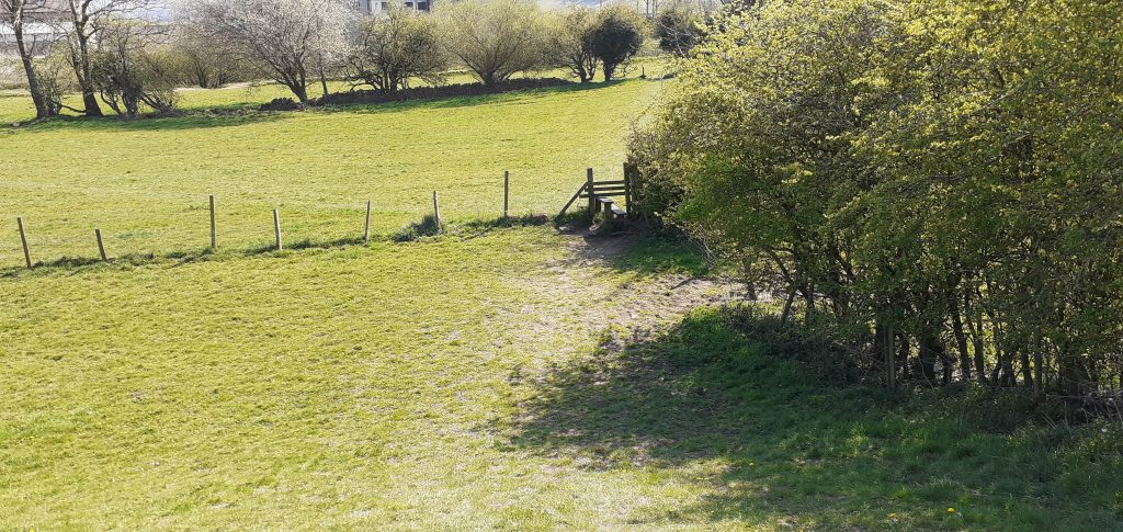 Riverside Walk - Stile in the bottom right corner of field seen from the top of the embankment